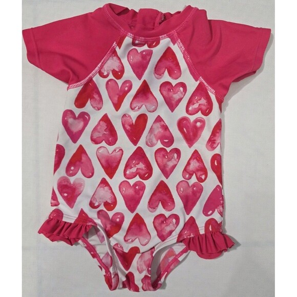 Floatimini Baby Girl Swimsuit 12M | Pink Heart Rash Guard | Zip Back Ruffle Legs - Picture 2 of 4